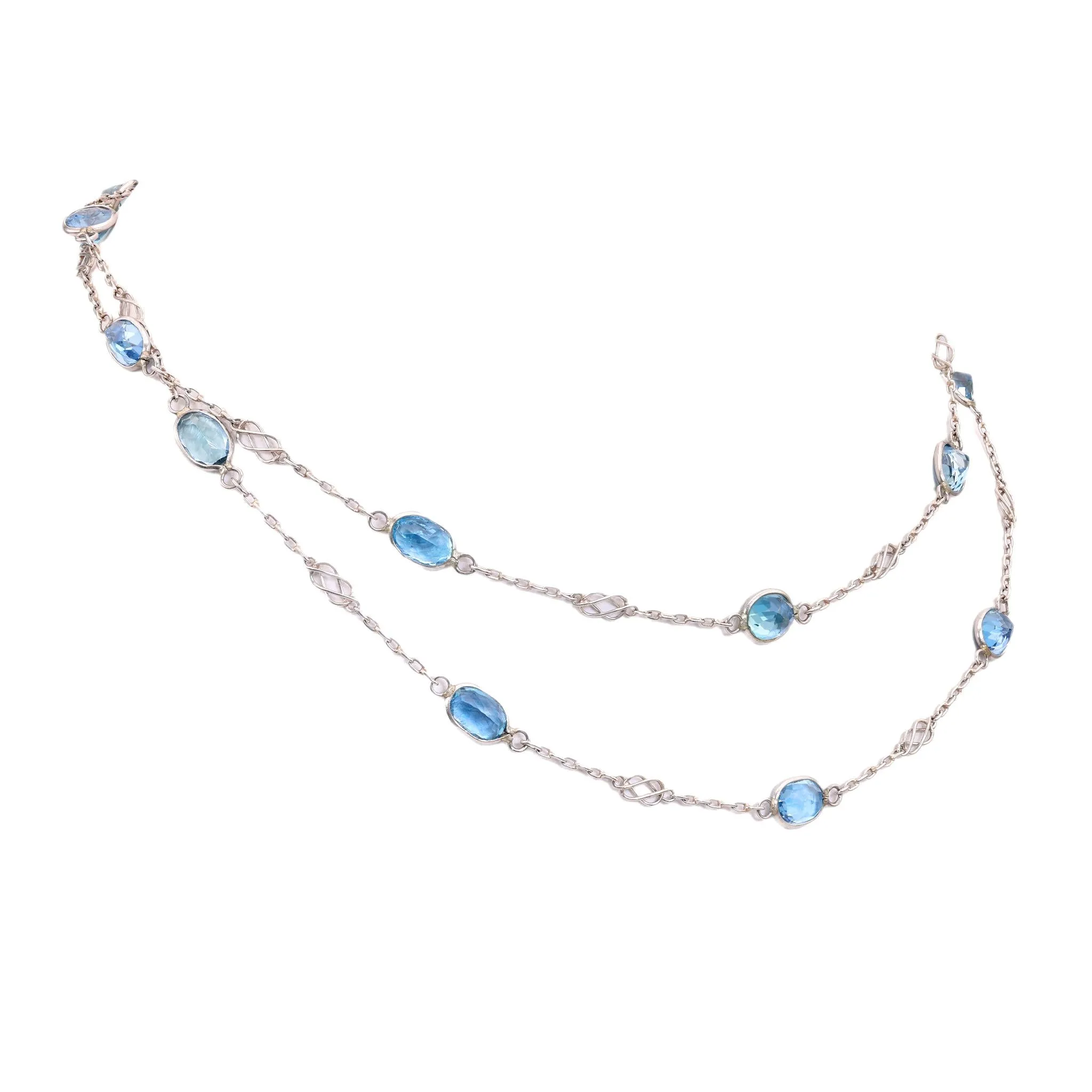 Art Deco Inspired Platinum 8.62 Carat Oval Aquamarine By The Yard Necklace