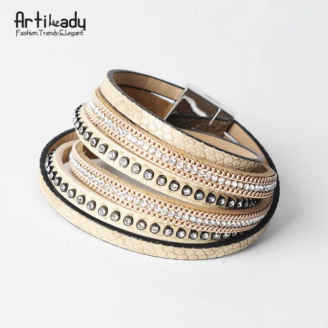 Artilady  wrap leather bangle charm winter leather bracelet women jewelry BW