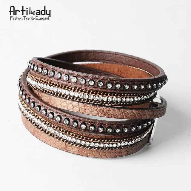 Artilady  wrap leather bangle charm winter leather bracelet women jewelry BW