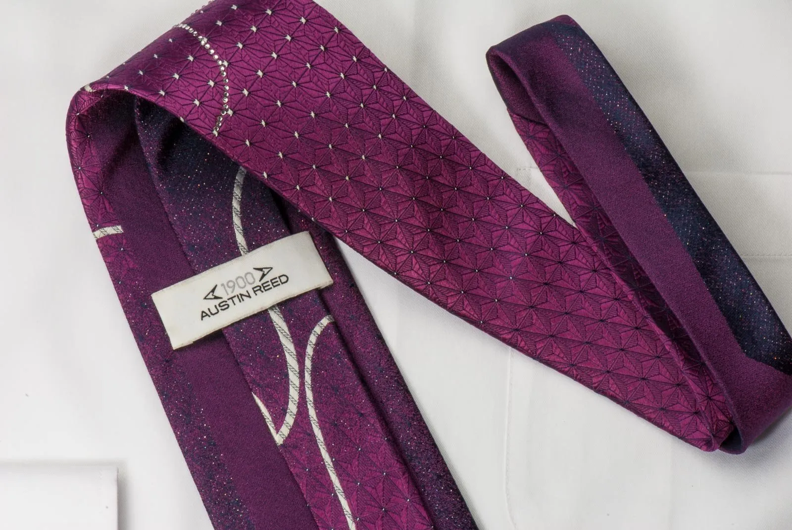 Austin Reed Silk Rhinestone Necktie Silver Scrolls On Purple With Silver Sparkles