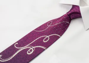 Austin Reed Silk Rhinestone Necktie Silver Scrolls On Purple With Silver Sparkles