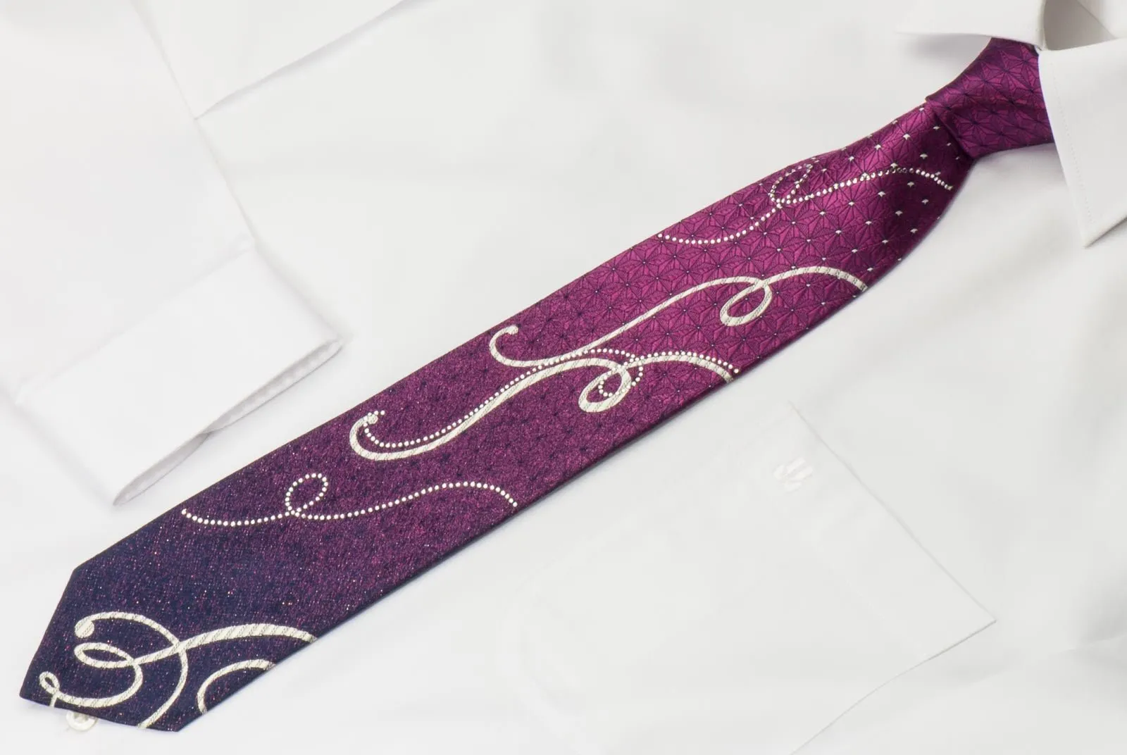 Austin Reed Silk Rhinestone Necktie Silver Scrolls On Purple With Silver Sparkles