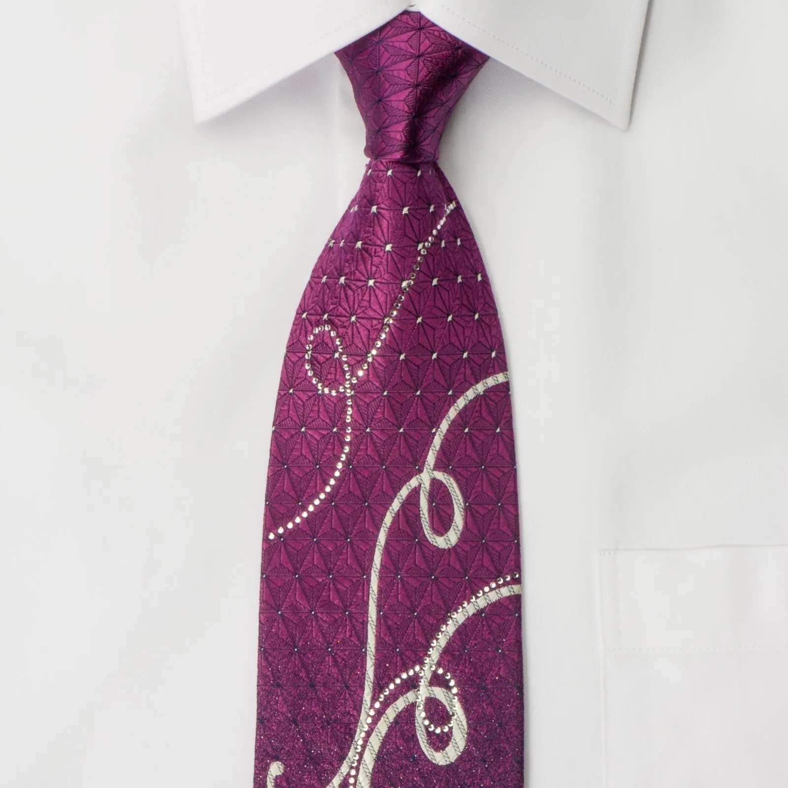 Austin Reed Silk Rhinestone Necktie Silver Scrolls On Purple With Silver Sparkles