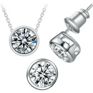 Bezel Duo 2CT IOBI Crystals Set On 14K White Gold Plated Matching Necklace and Earrings Set for Women Special Occasion Everyday Wear