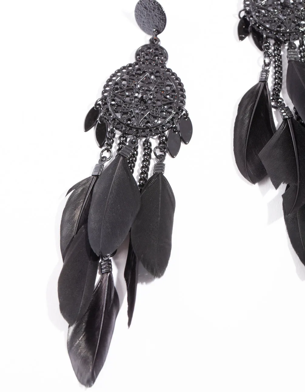 Black Filigree Cascading Feather Earrings