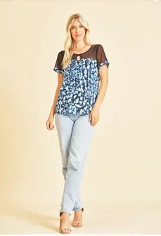 Black/Blue Print Top w/Sheer Front Panel - #4387-4392