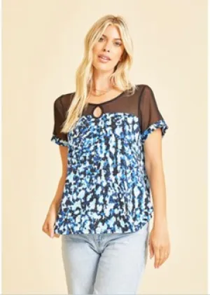 Black/Blue Print Top w/Sheer Front Panel - #4387-4392