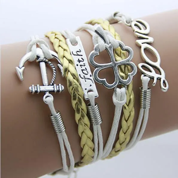 Bracelet Men Anchor leather Infinity bracelets for women Wings Owl Bohemian Jewelry wrap snaps bracelet