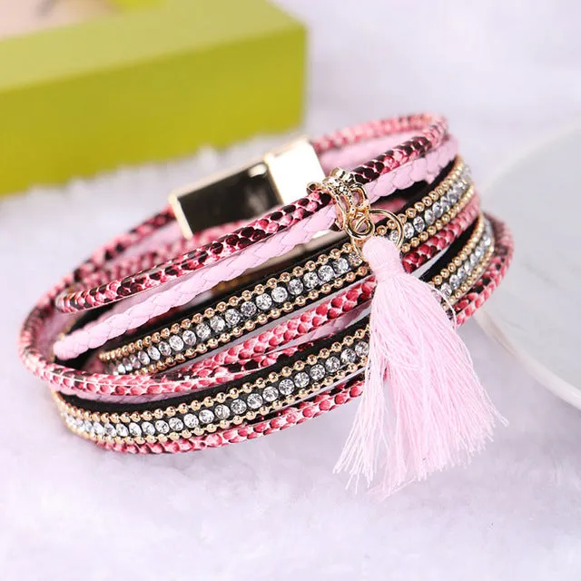 Braided Multilayer Rhinestone Leather Bracelet Femme 2016 Brazilian Beach Magnet Buckle Tassel Friendship Bracelets Boho Jewelry