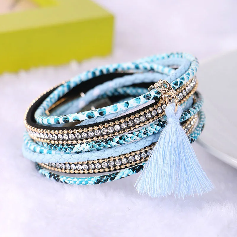 Braided Multilayer Rhinestone Leather Bracelet Femme 2016 Brazilian Beach Magnet Buckle Tassel Friendship Bracelets Boho Jewelry