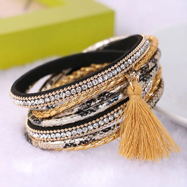 Braided Multilayer Rhinestone Leather Bracelet Femme 2016 Brazilian Beach Magnet Buckle Tassel Friendship Bracelets Boho Jewelry