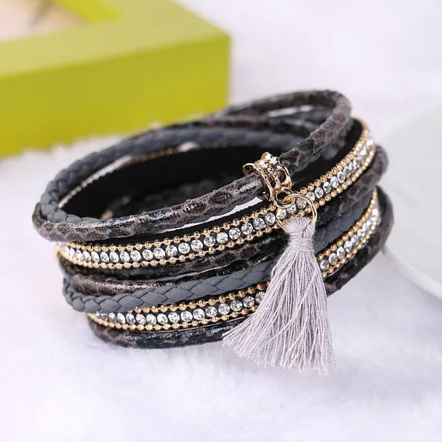 Braided Multilayer Rhinestone Leather Bracelet Femme 2016 Brazilian Beach Magnet Buckle Tassel Friendship Bracelets Boho Jewelry