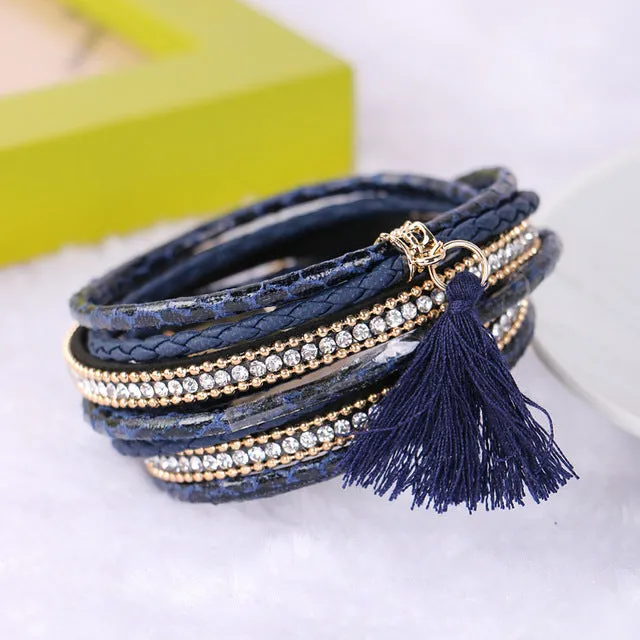 Braided Multilayer Rhinestone Leather Bracelet Femme 2016 Brazilian Beach Magnet Buckle Tassel Friendship Bracelets Boho Jewelry