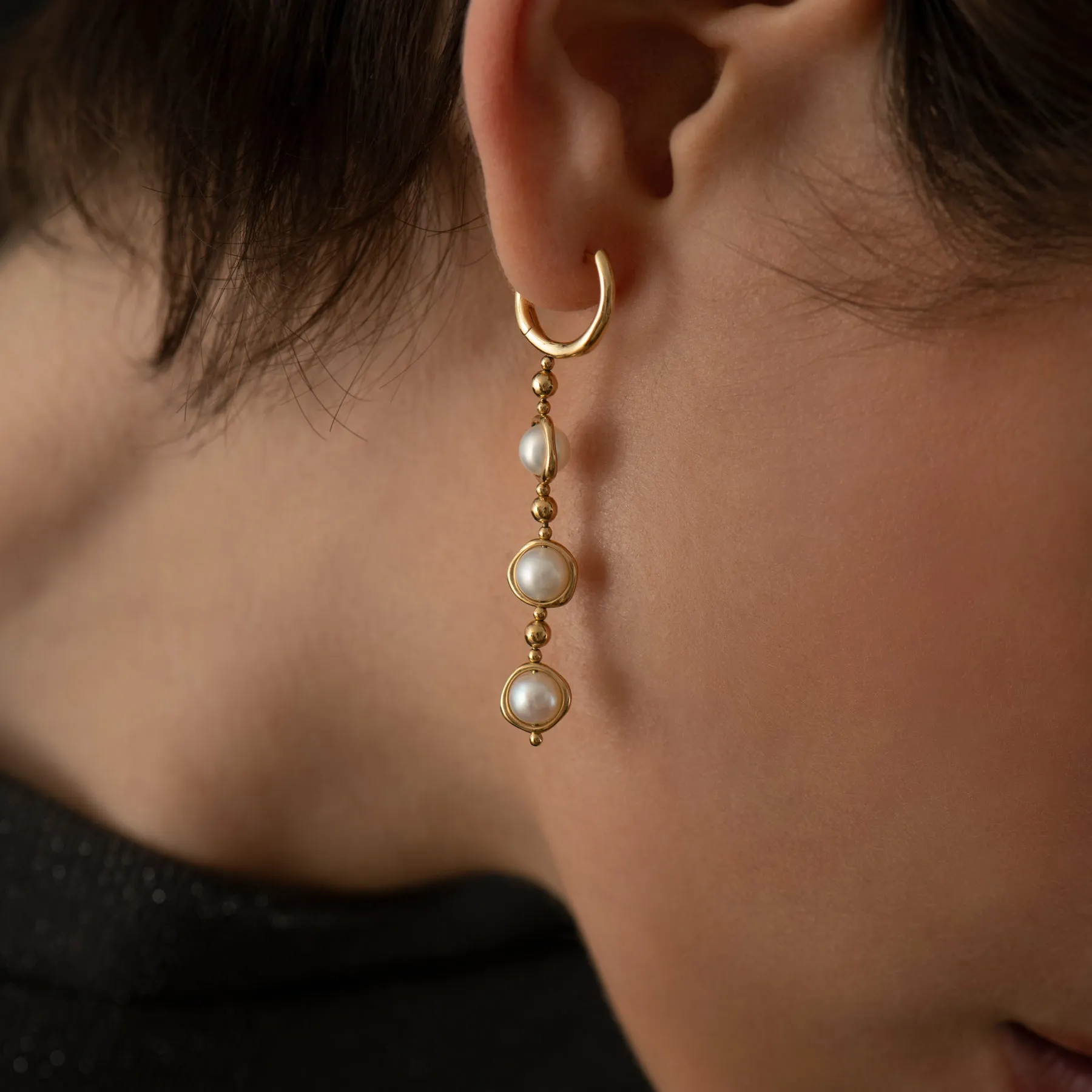 Celestial Pearl & Gold Bead Drop Earrings