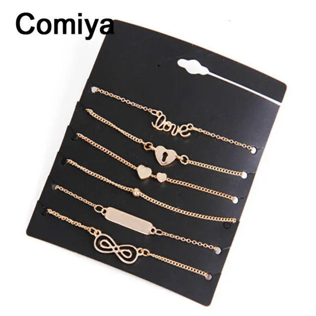 Comiya Heart Love Bowknot 6 Bracelets One Set For Women Men Pendant Chains Bracelet Brazaletes Pulseras Mujer Alloy Bijoux