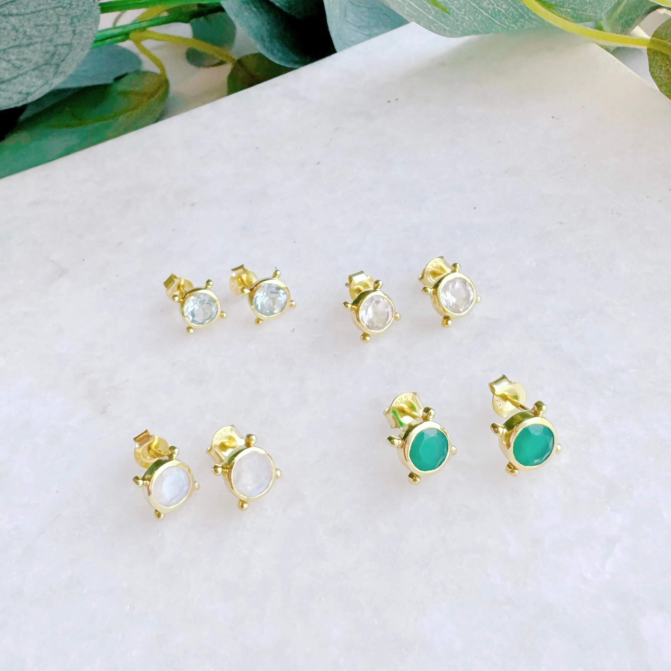 Compass Stud Earrings: Gold Vermeil Green Chalcedony