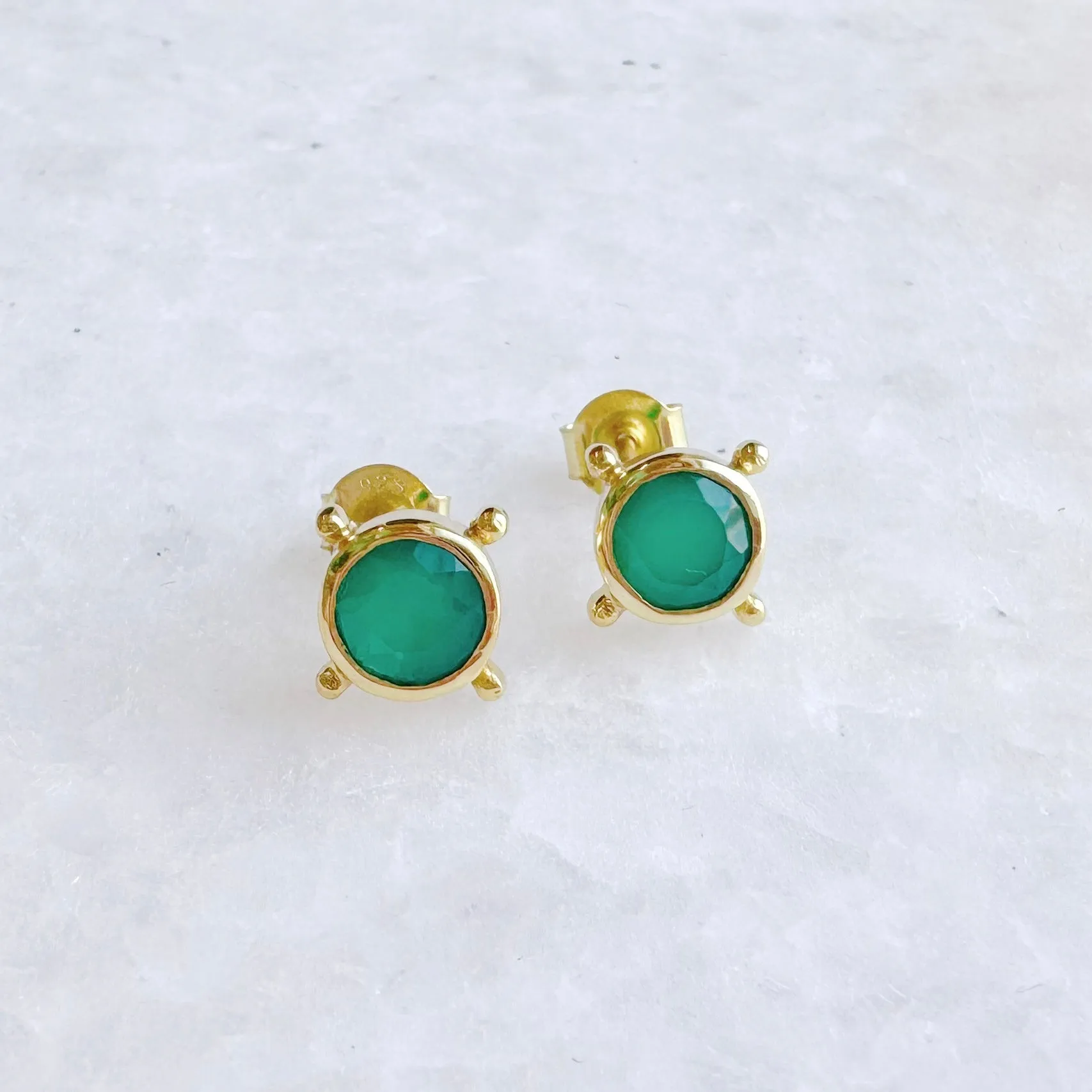 Compass Stud Earrings: Gold Vermeil Green Chalcedony