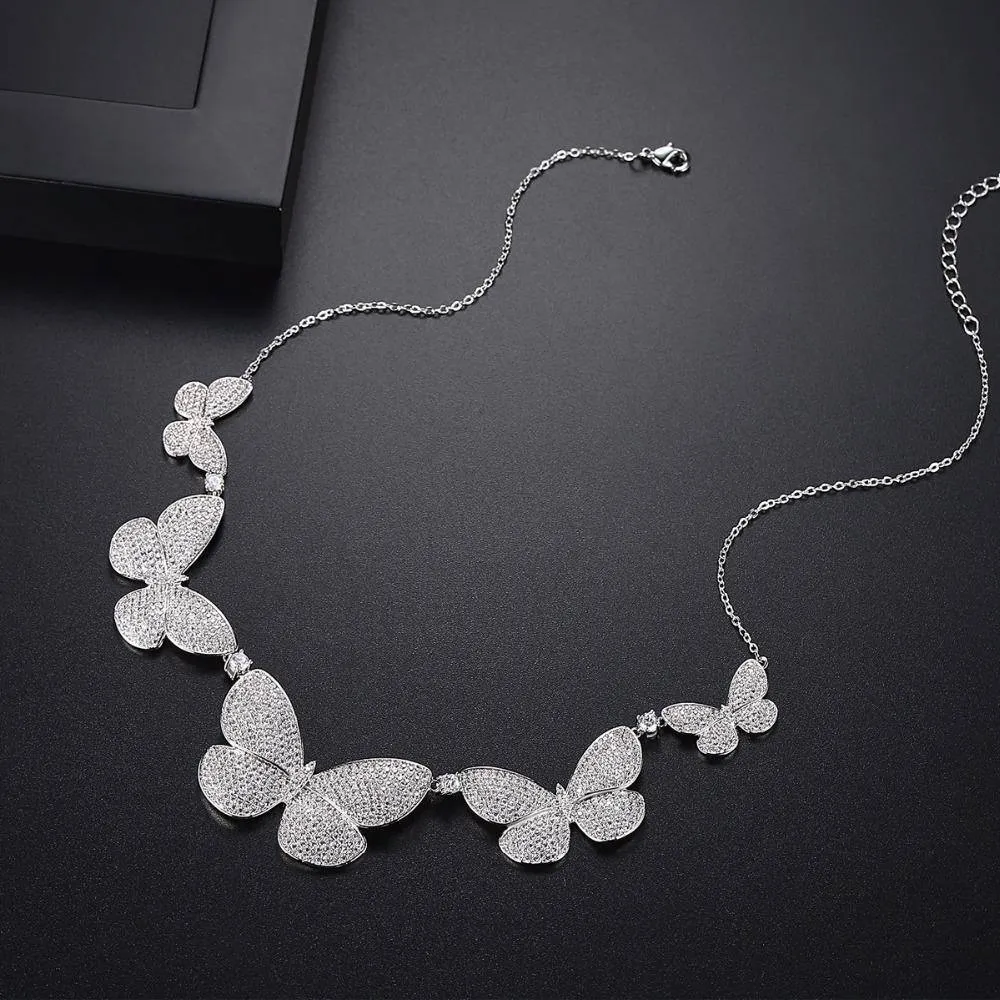 CZ Micro Paved Statement Vintage Butterfly Choker Necklace Silver