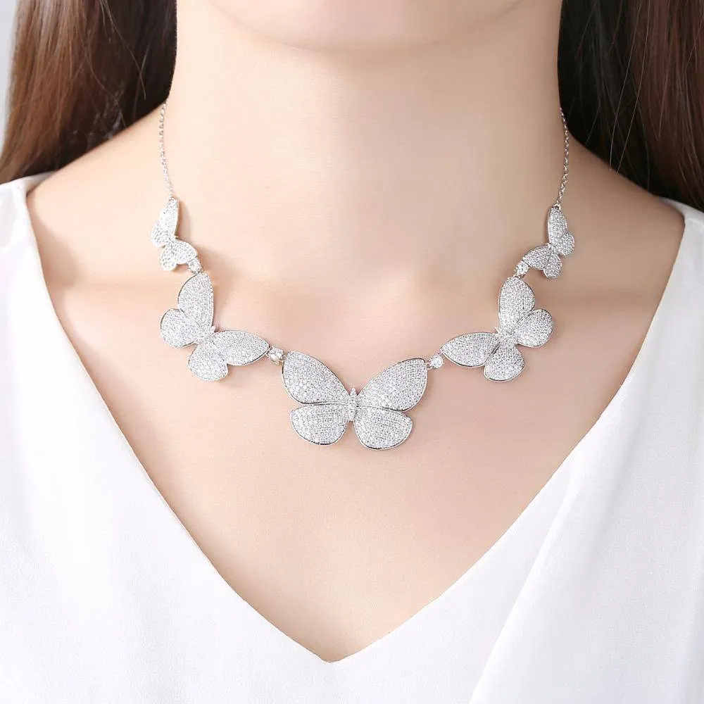 CZ Micro Paved Statement Vintage Butterfly Choker Necklace Silver