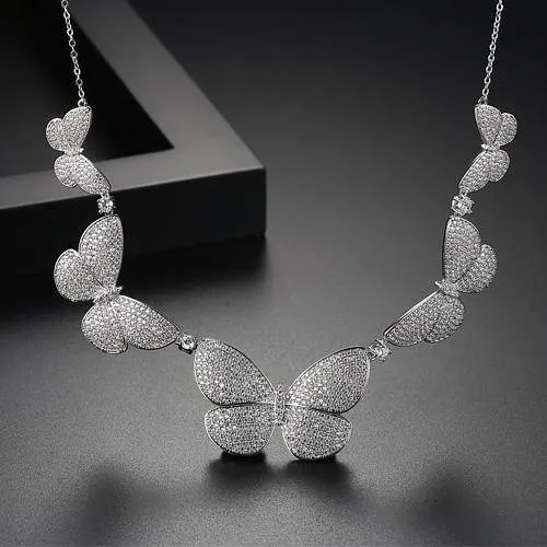 CZ Micro Paved Statement Vintage Butterfly Choker Necklace Silver