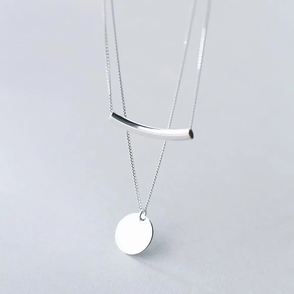 Double Layered Minimalist Pendant Necklace - Silver Tone