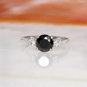 Ebony  Unique  Natural Black Diamond Round Engagement Ring