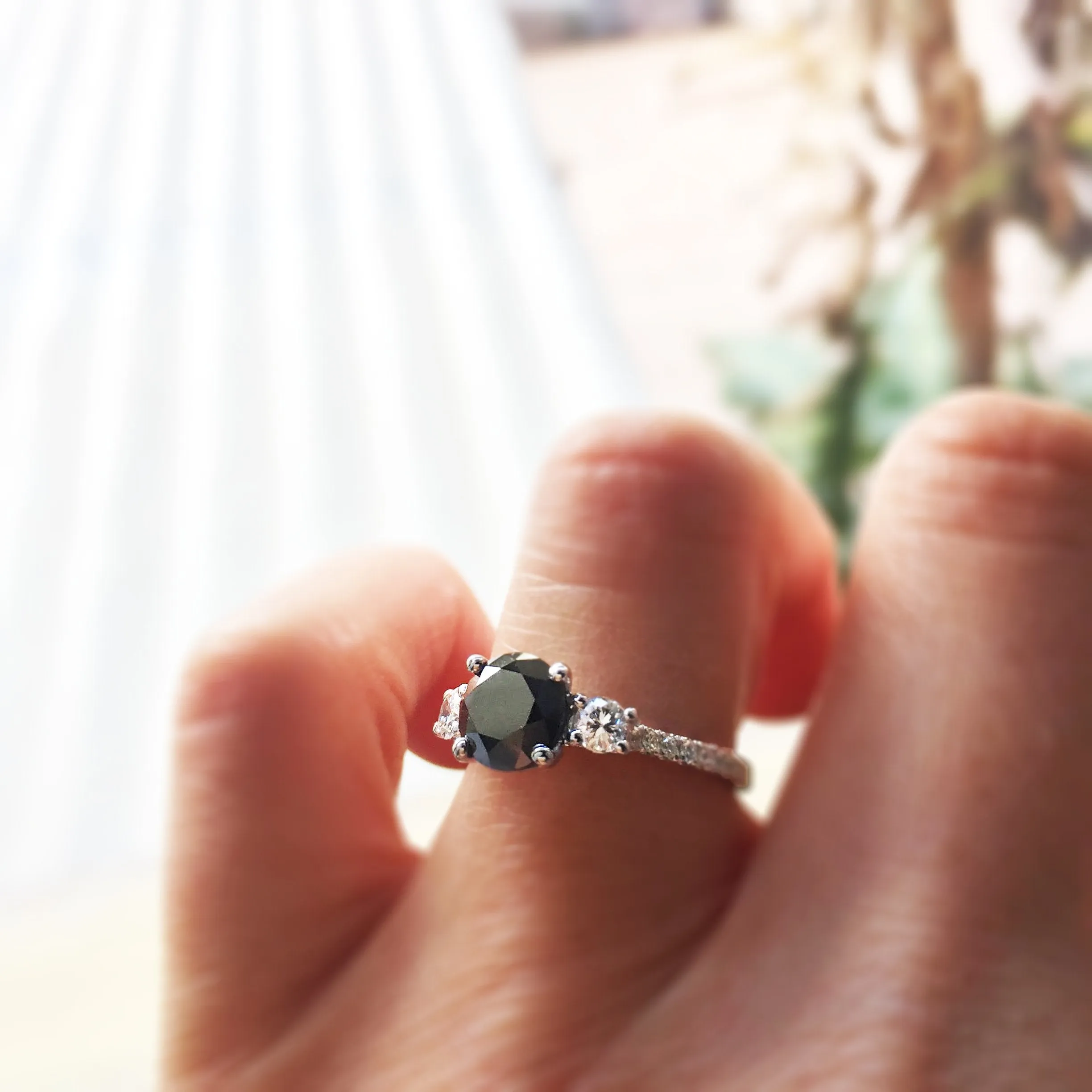 Ebony  Unique  Natural Black Diamond Round Engagement Ring