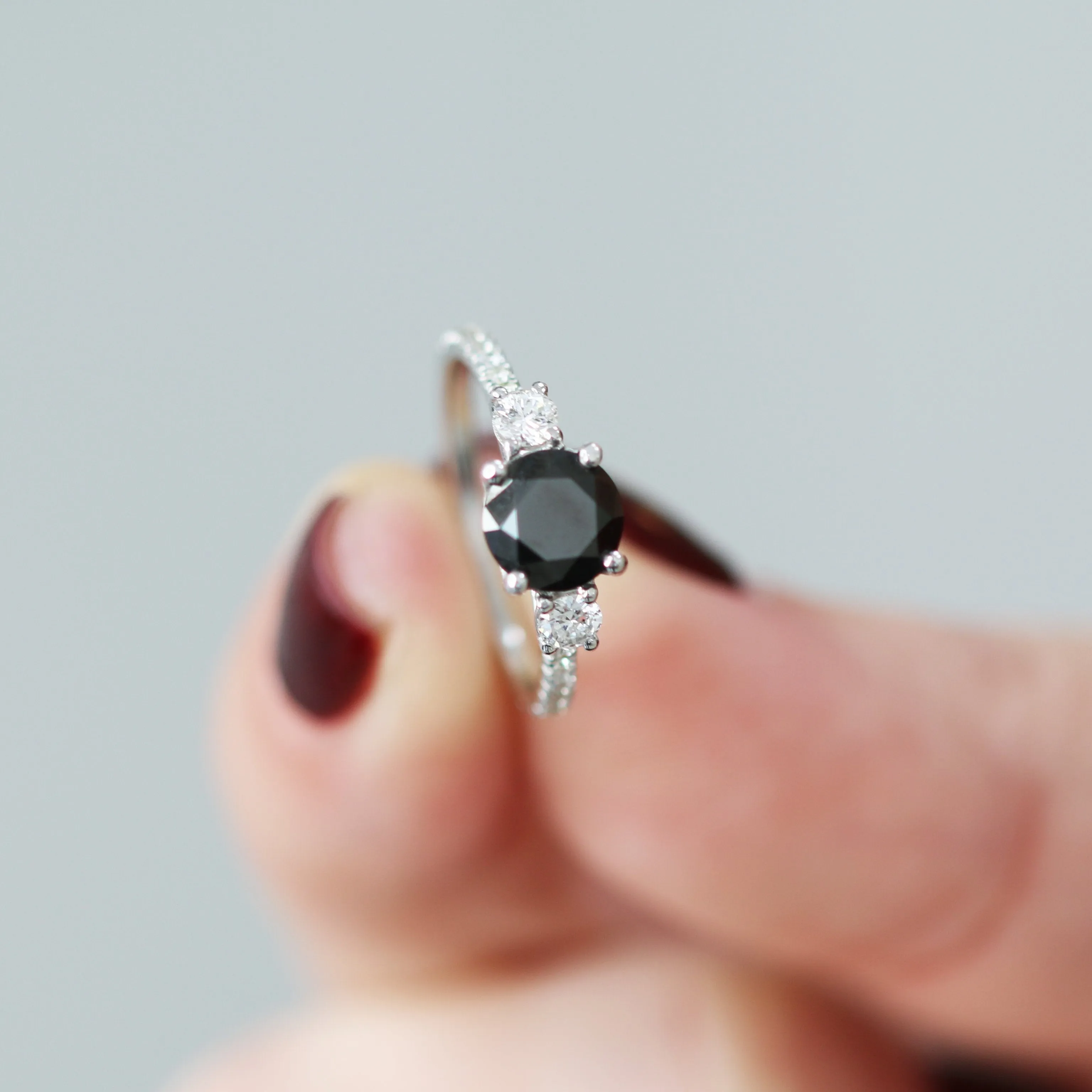 Ebony  Unique  Natural Black Diamond Round Engagement Ring