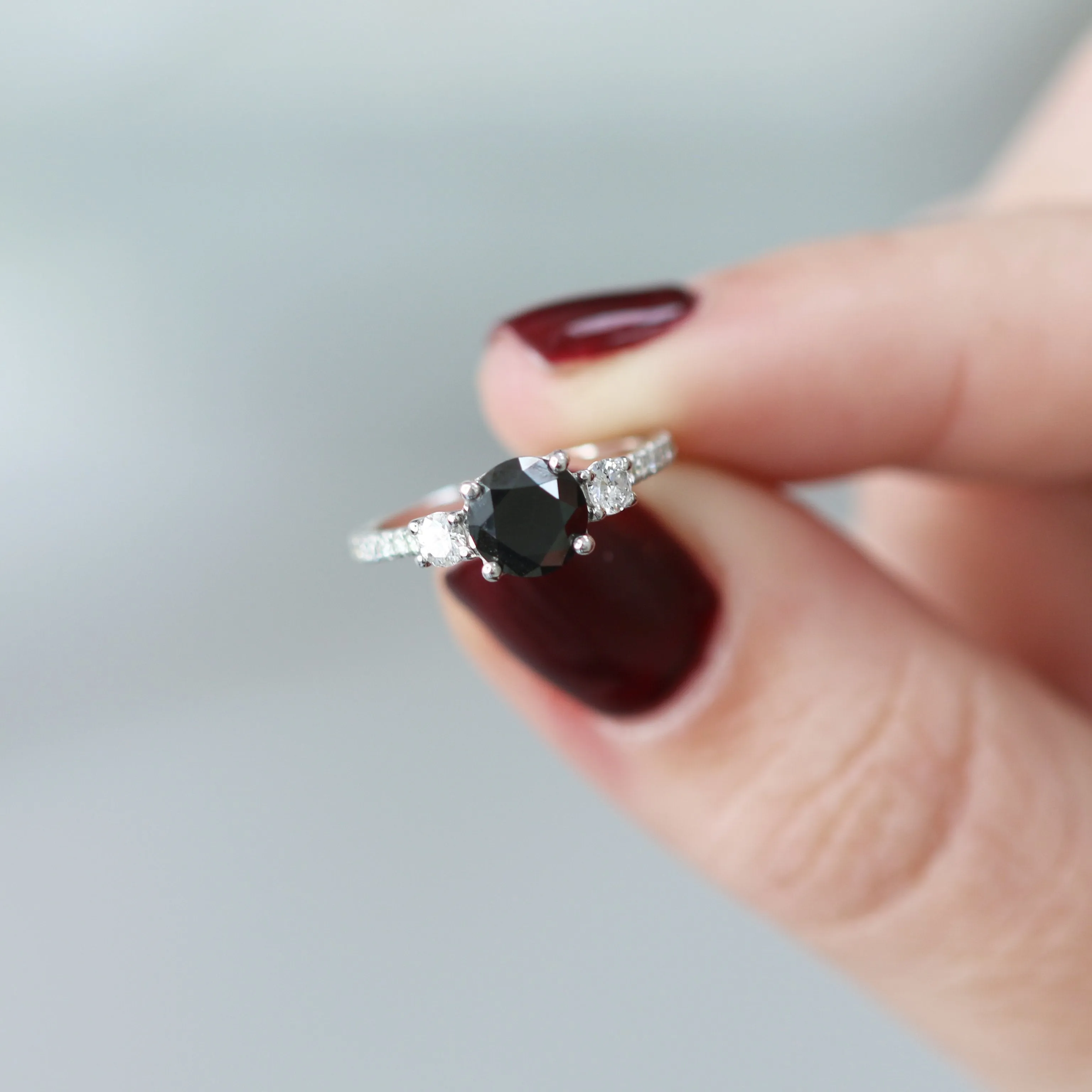 Ebony  Unique  Natural Black Diamond Round Engagement Ring