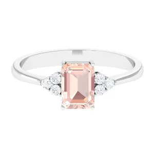 Emerald Cut Morganite Solitaire Engagement Ring with Diamond Trio