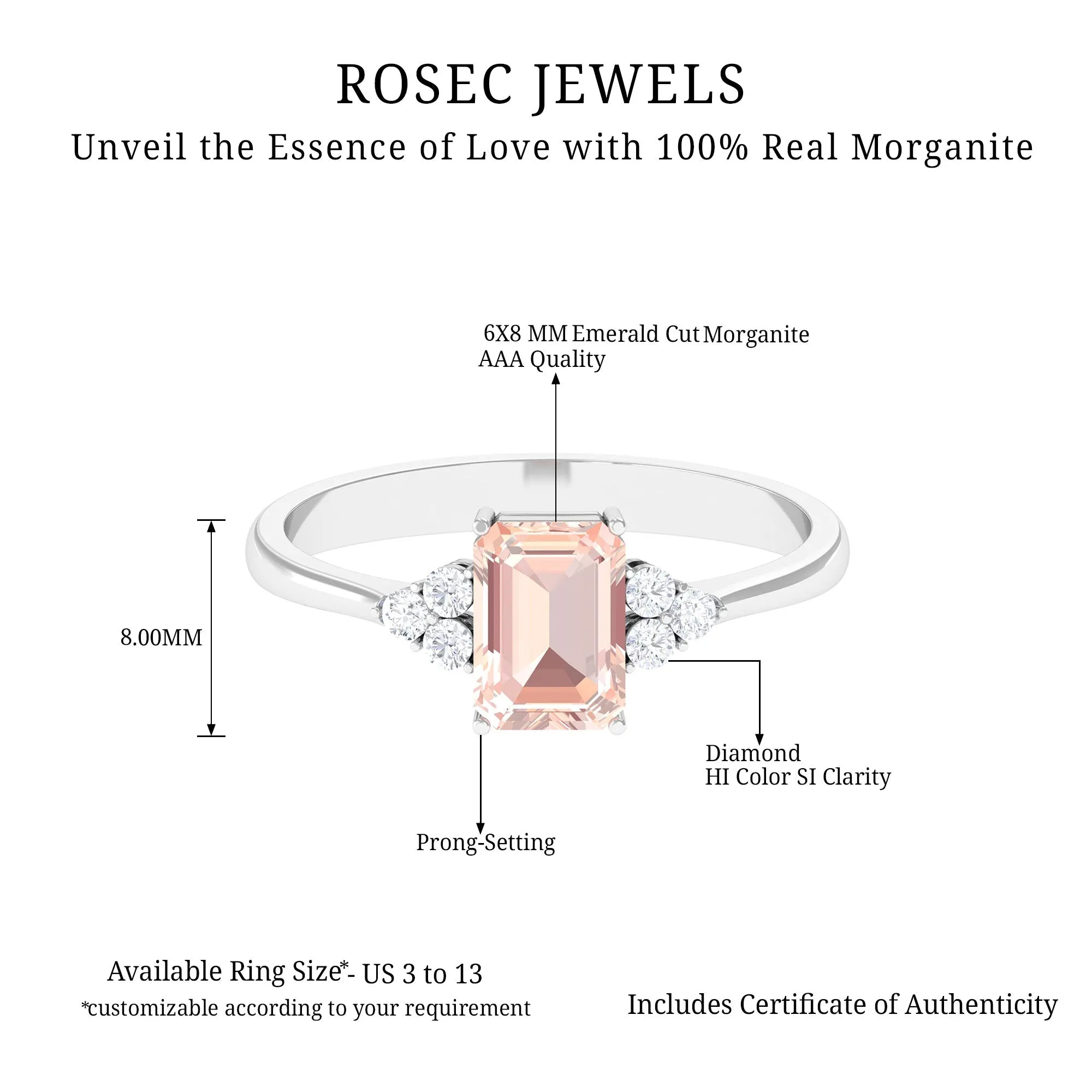 Emerald Cut Morganite Solitaire Engagement Ring with Diamond Trio