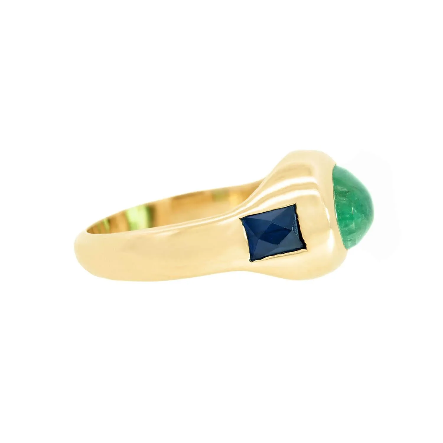 Estate 14k Sapphire and Emerald Cabochon Flush Mount Ring