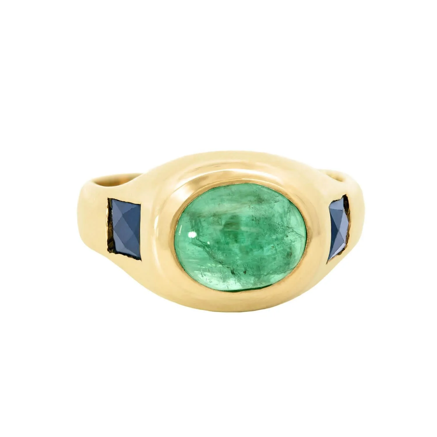 Estate 14k Sapphire and Emerald Cabochon Flush Mount Ring