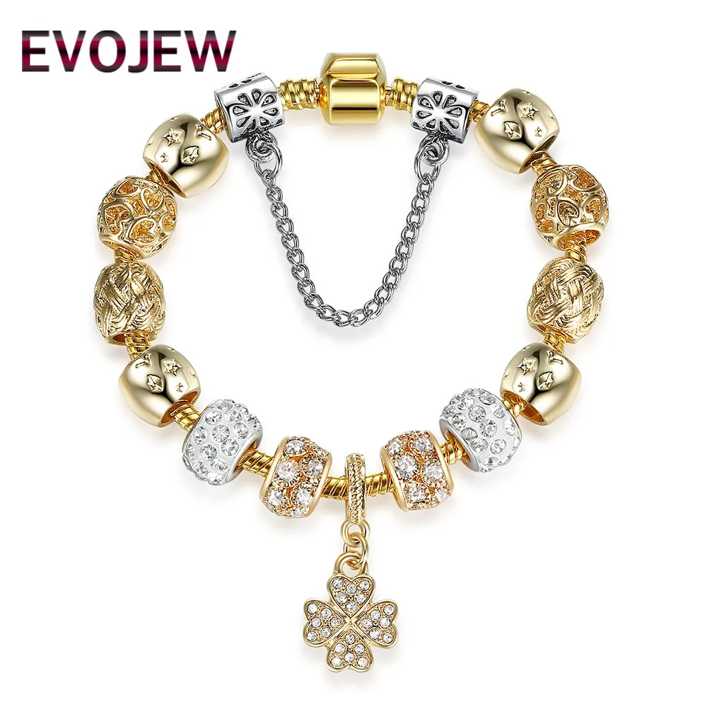 EVOJEW Original Authentic Luxury Gold-Color Lucky Clover Charm Bracelet for Women DIY Crystal Beads Bracelets Fashion Jewelry