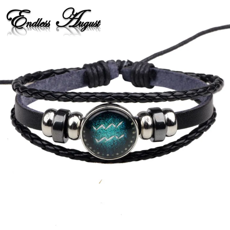 Fashion Buckles 12 Zodiac Signs Bracelets & Bangles Handmade Vintage Punk Leather Bracelet For Men Women Charm Jewelry