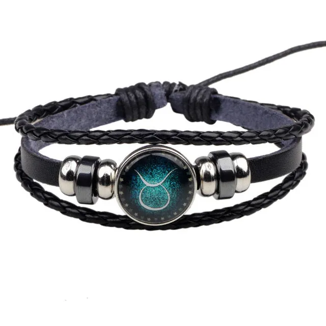 Fashion Buckles 12 Zodiac Signs Bracelets & Bangles Handmade Vintage Punk Leather Bracelet For Men Women Charm Jewelry