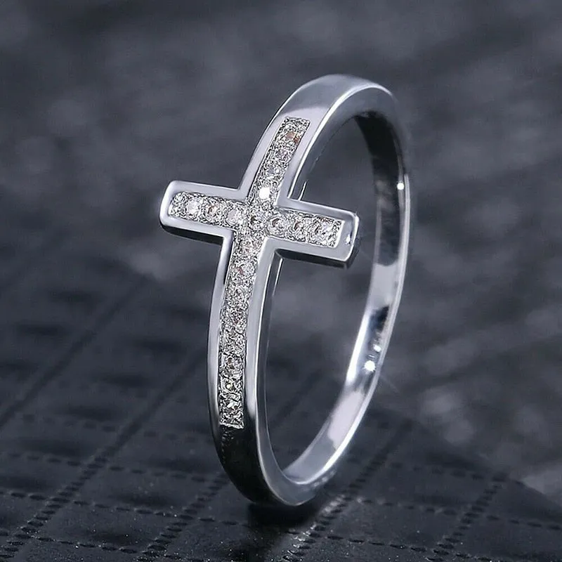 Fashion Jewelry Micro Pave Simple Cross Ring for Women with Zircon in Silver Color