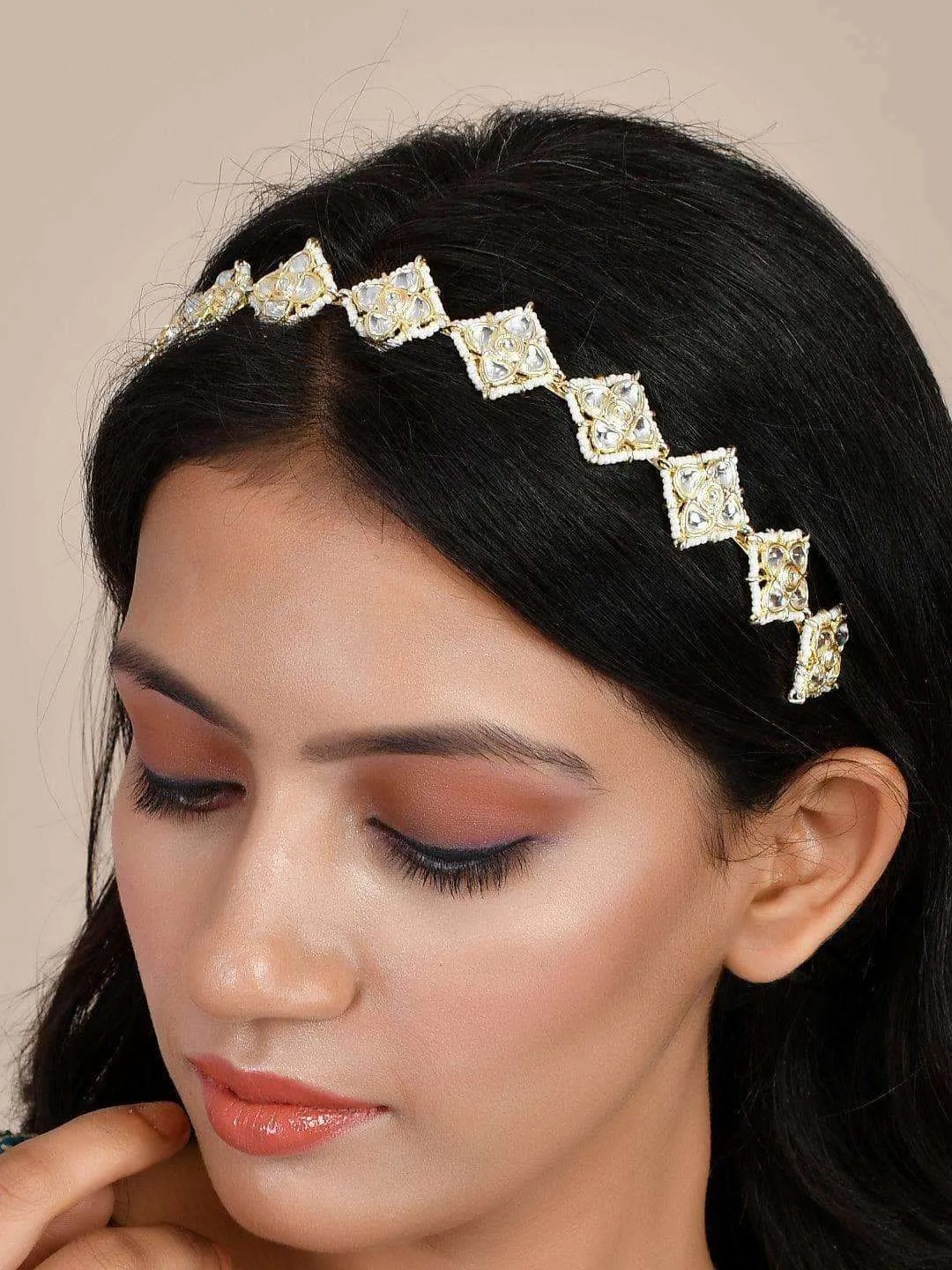 Floral Leaf Cut Kundan Hair Band