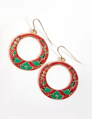 Gold Open Circle Bird Drop Earrings