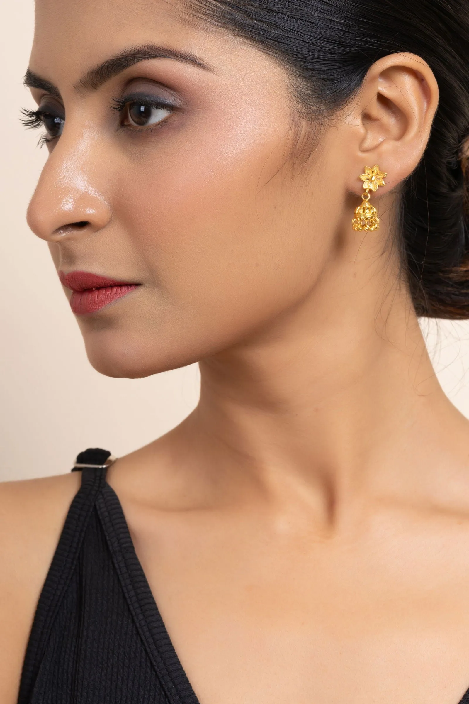 Gold Plated 1.5g Small Floral Stud Jhumka Earrings - Elegant Jewelry for All Occasions