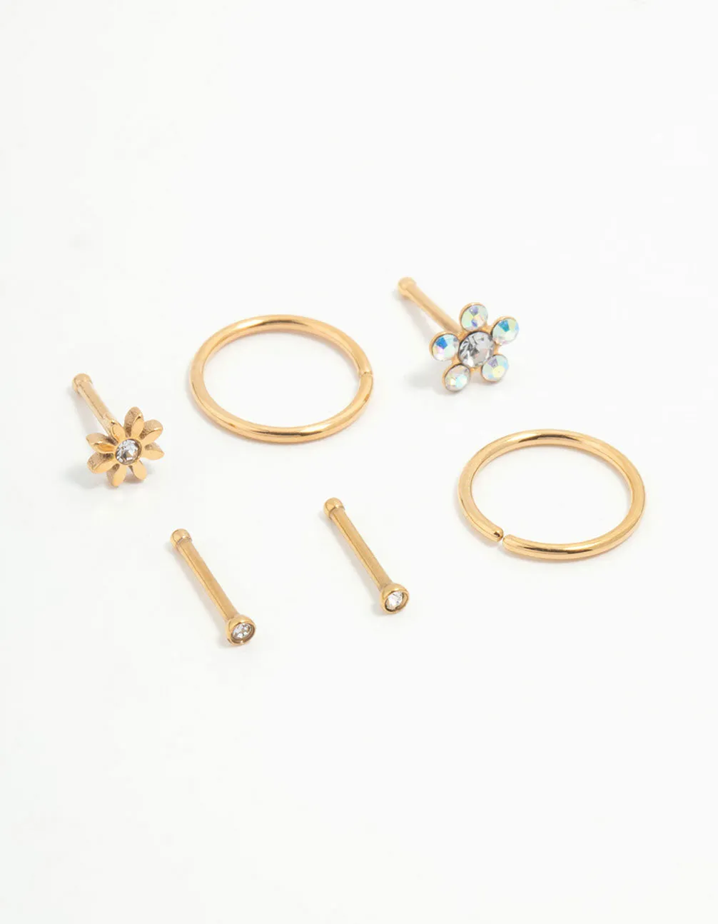 Gold Plated Titanium Flower Nose Studs & Nose Rings 6-Pack