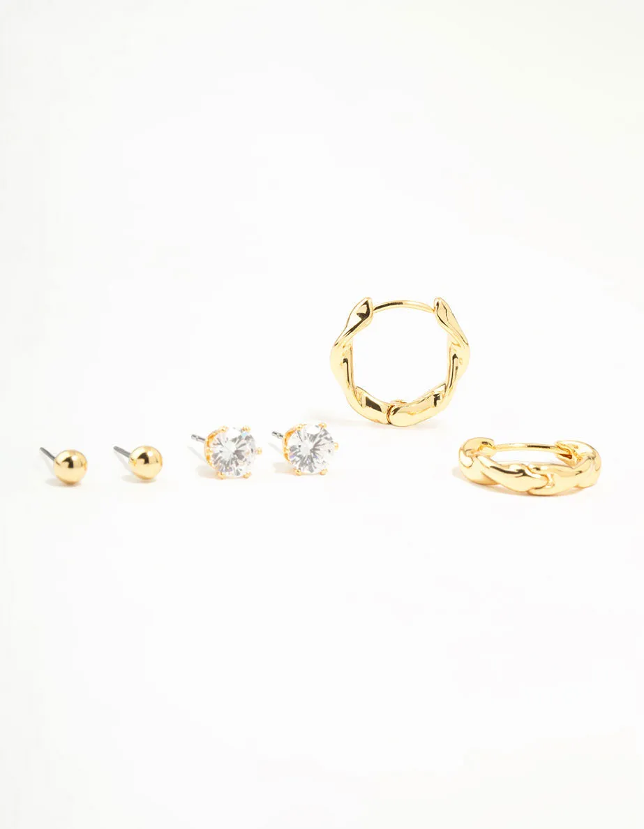 Gold Plated Twisted Hoop & Stud Earrings 3-Pack