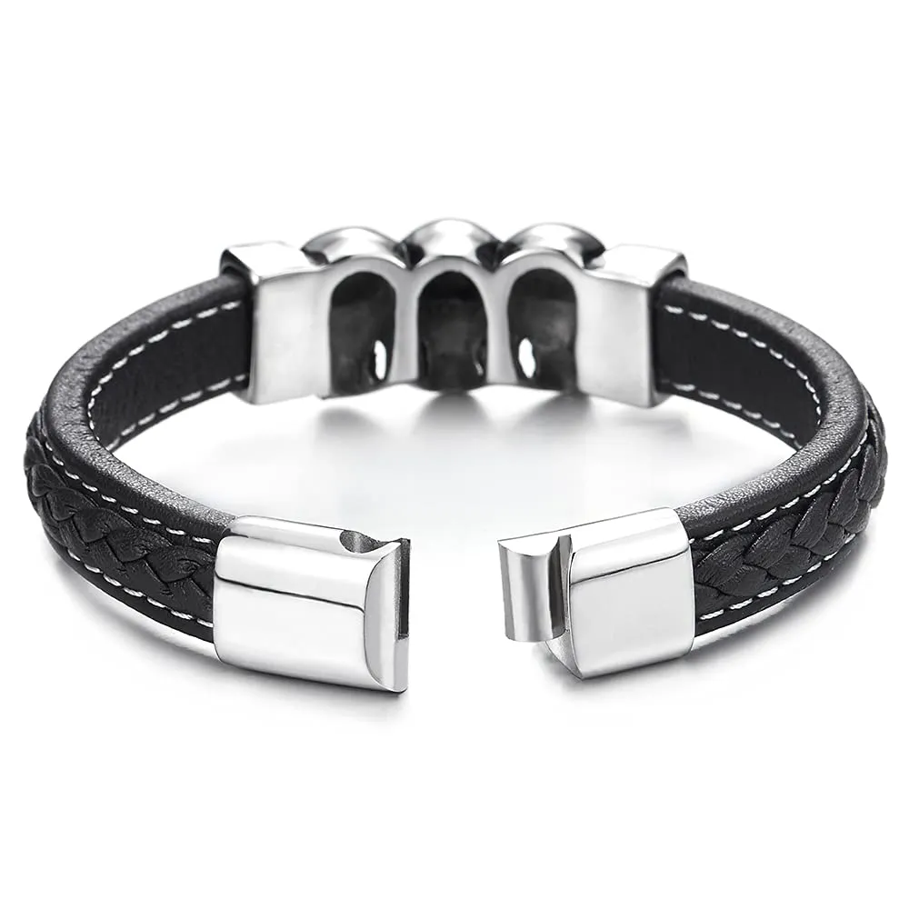 Gothic Style Mens Black Genuine Braided Leather Bracelet with Three Vintage Steel Skulls Polished