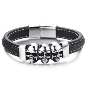 Gothic Style Mens Black Genuine Braided Leather Bracelet with Three Vintage Steel Skulls Polished