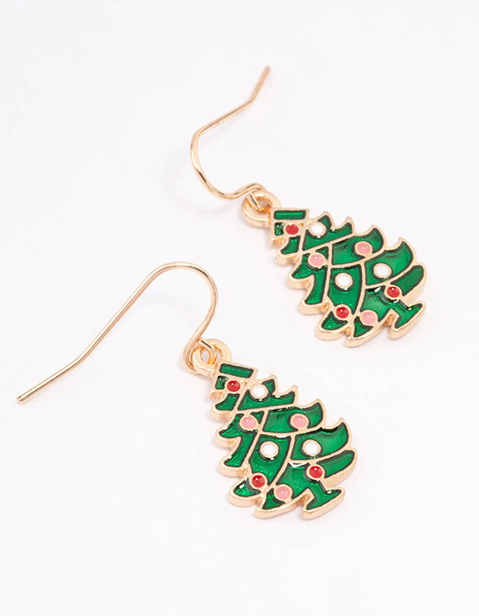 Green Enamel Tree Drop Earrings