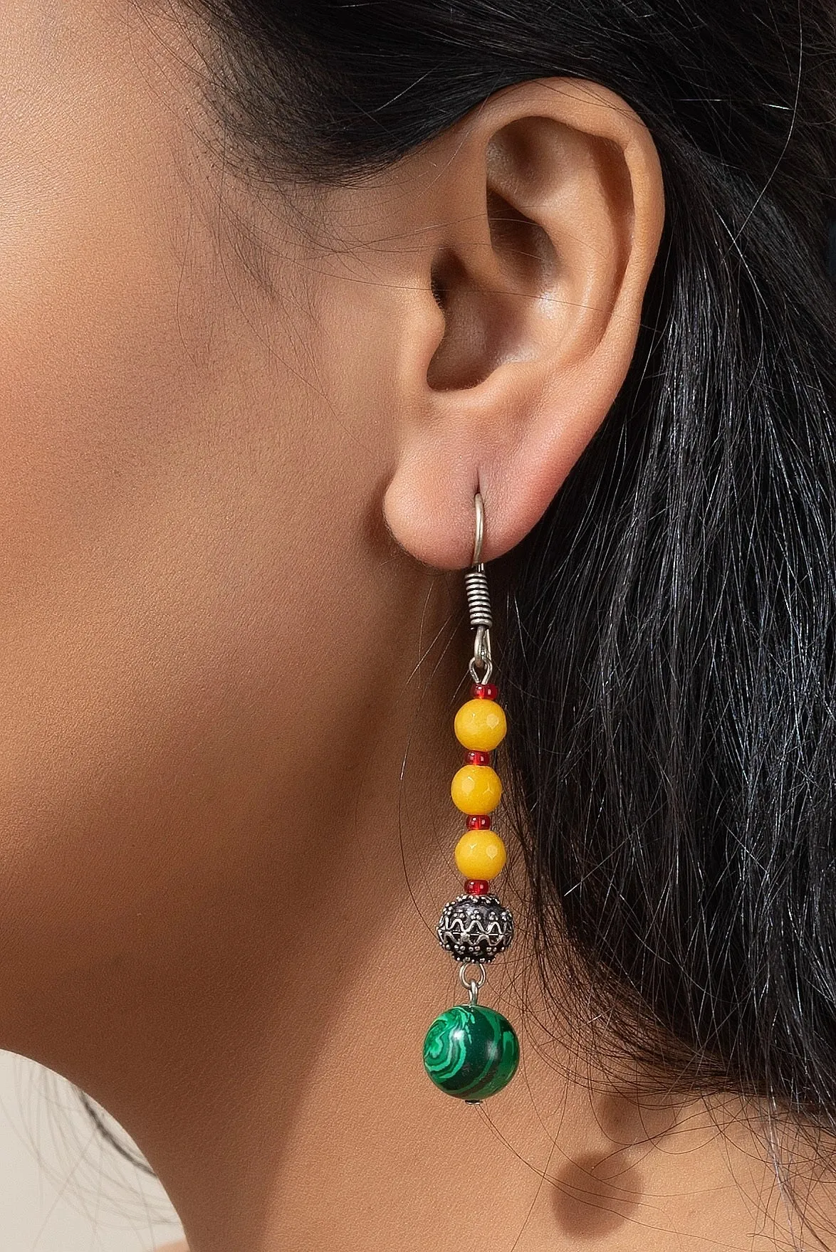 Handmade Semi Precious Yellow Jade with Malachite & German Silver Beads Long Earrings