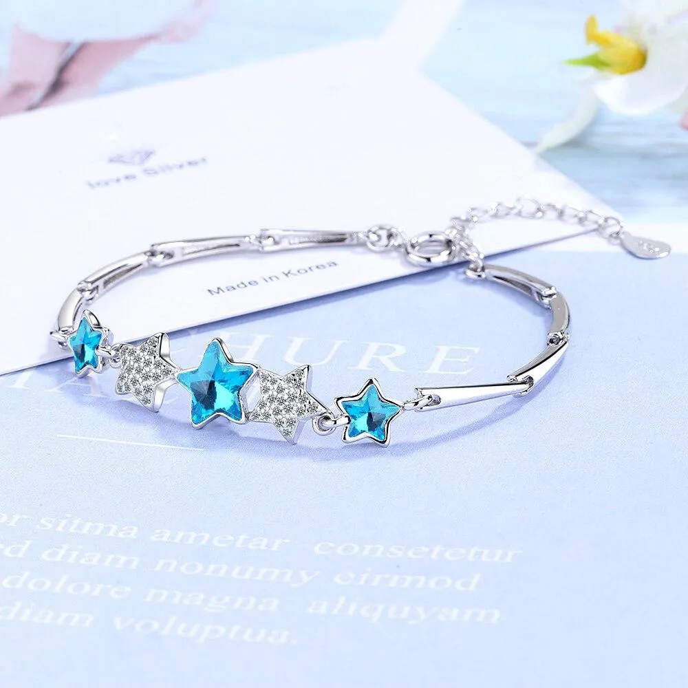 Handmade Sterling Silver Blue Pentagonal Star Charm Bracelets For Women