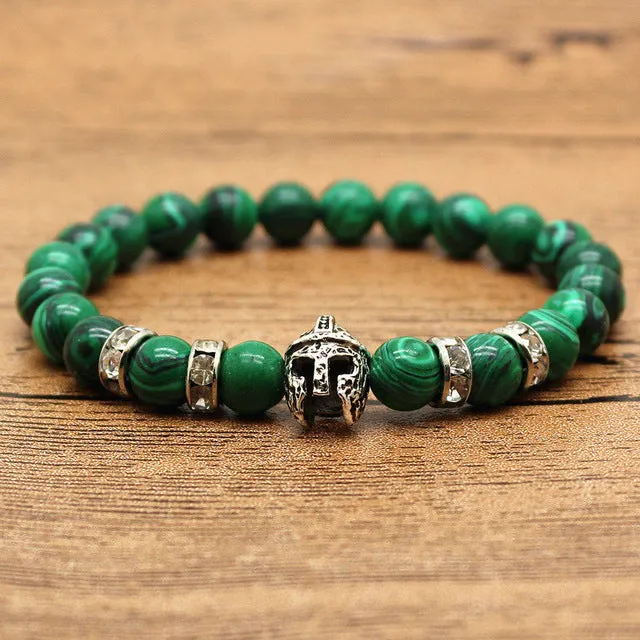 Hansion Hot Roman Knight Spartan Warrior Gladiator Helmet Rhinestone Bracelet Men Malachite Stone Bead Bracelets For Men Jewelry