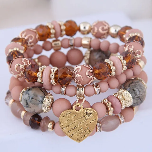 Heart Charm Beads Bracelets Set Women Lava Stone Multilayer Bohemia Bracelet Resin Beads Bracelets For Women Bijoux