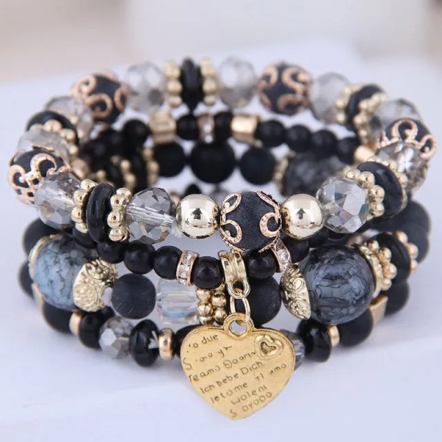 Heart Charm Beads Bracelets Set Women Lava Stone Multilayer Bohemia Bracelet Resin Beads Bracelets For Women Bijoux